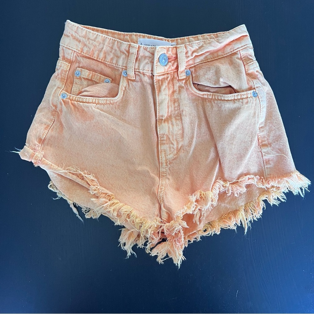 Stradivarius Frayed Hem Orange Denim Shorts
